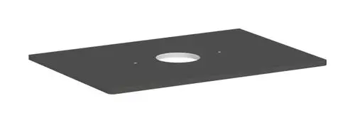 Schwarze Konsole für einen Waschtisch von Hansgrohe, mit zentralem Ausschnitt und zwei kleinen Löchern.